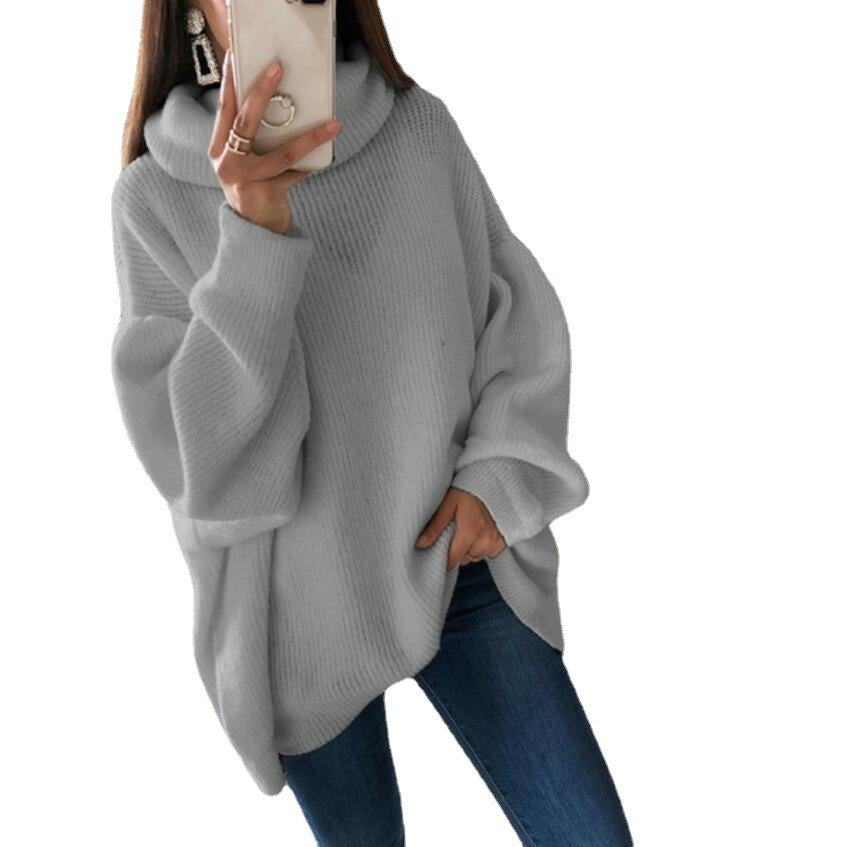European and American women's sweater Amazon solid color turtleneck sweater pile collar large size loose cross-border sweater women