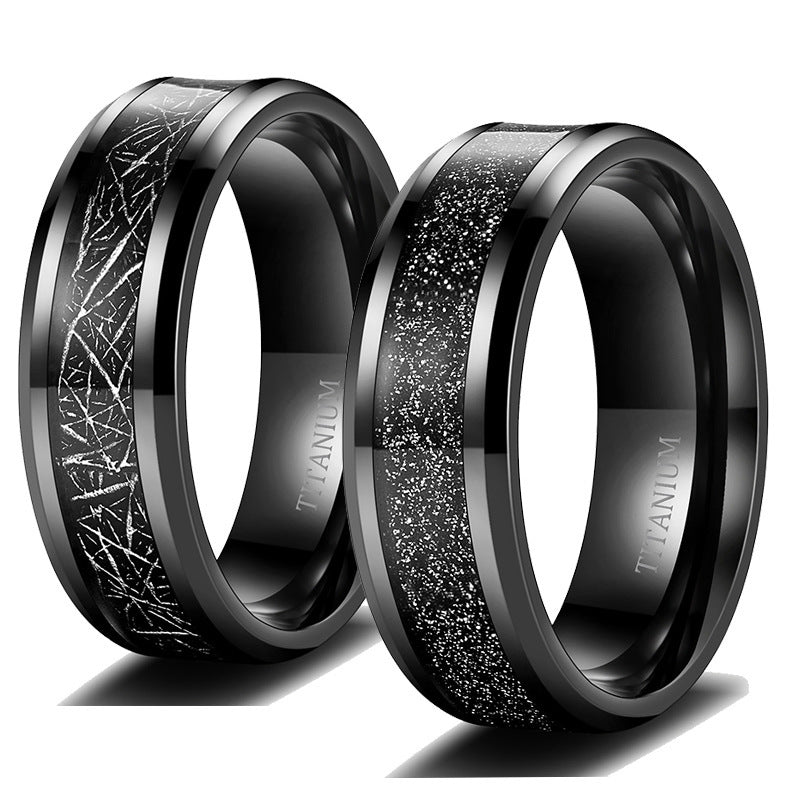 European and American cross-border manufacturers supply ultra-light pure titanium inlaid with meteorite silk black sand 8mm black pure titanium men's ring