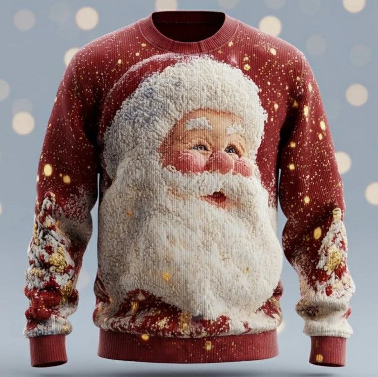 Cross-border chunky knit striped logo printed European and American style autumn and winter 3D printed pullover quirky Santa Claus sweatshirt