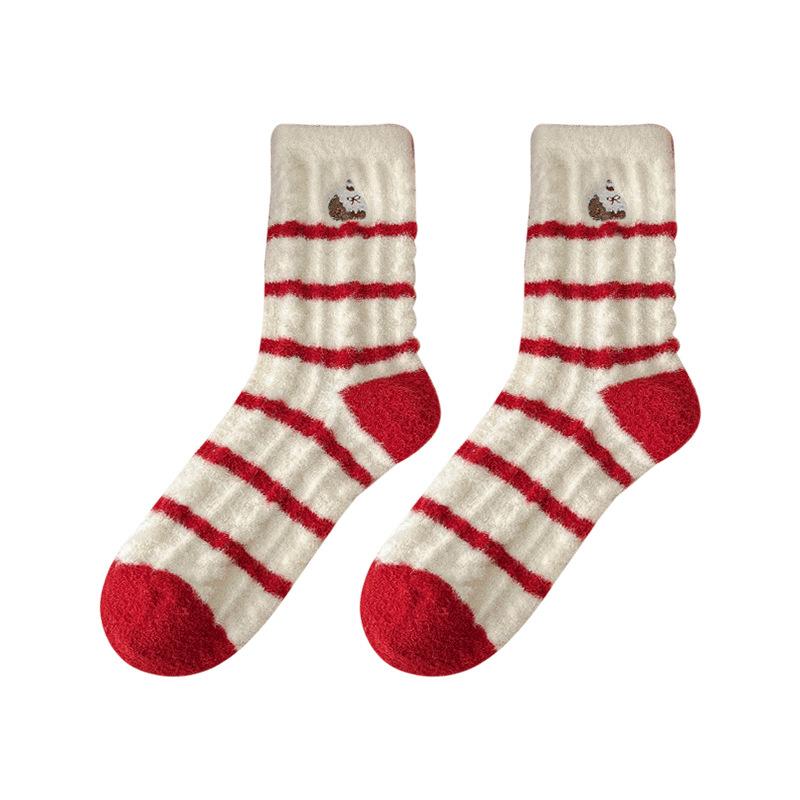 Winter New Christmas Socks Cartoon Embroidered Snowman Santa Claus Australian Velvet Women's Mid-Tube Socks Warm Red Socks
