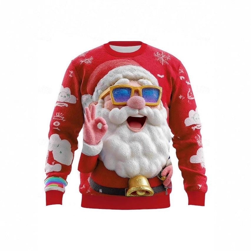 Cross-border chunky knit striped logo printed European and American style autumn and winter 3D printed pullover quirky Santa Claus sweatshirt