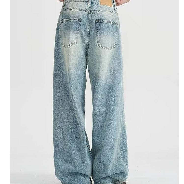 Light blue washed distressed straight jeans men's summer 2024 new American casual loose wide-leg trousers