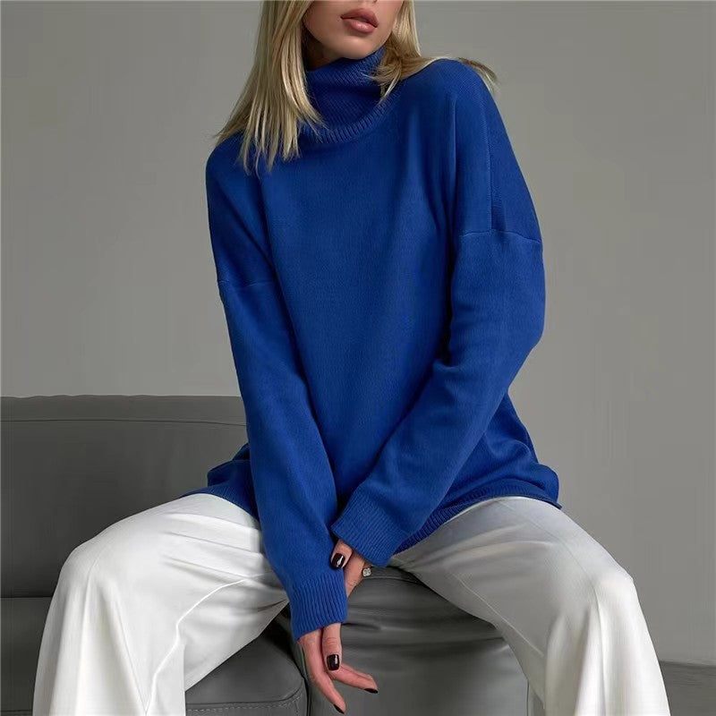 autumn and winter new hot selling models European and American loose slit turtleneck sweater solid color