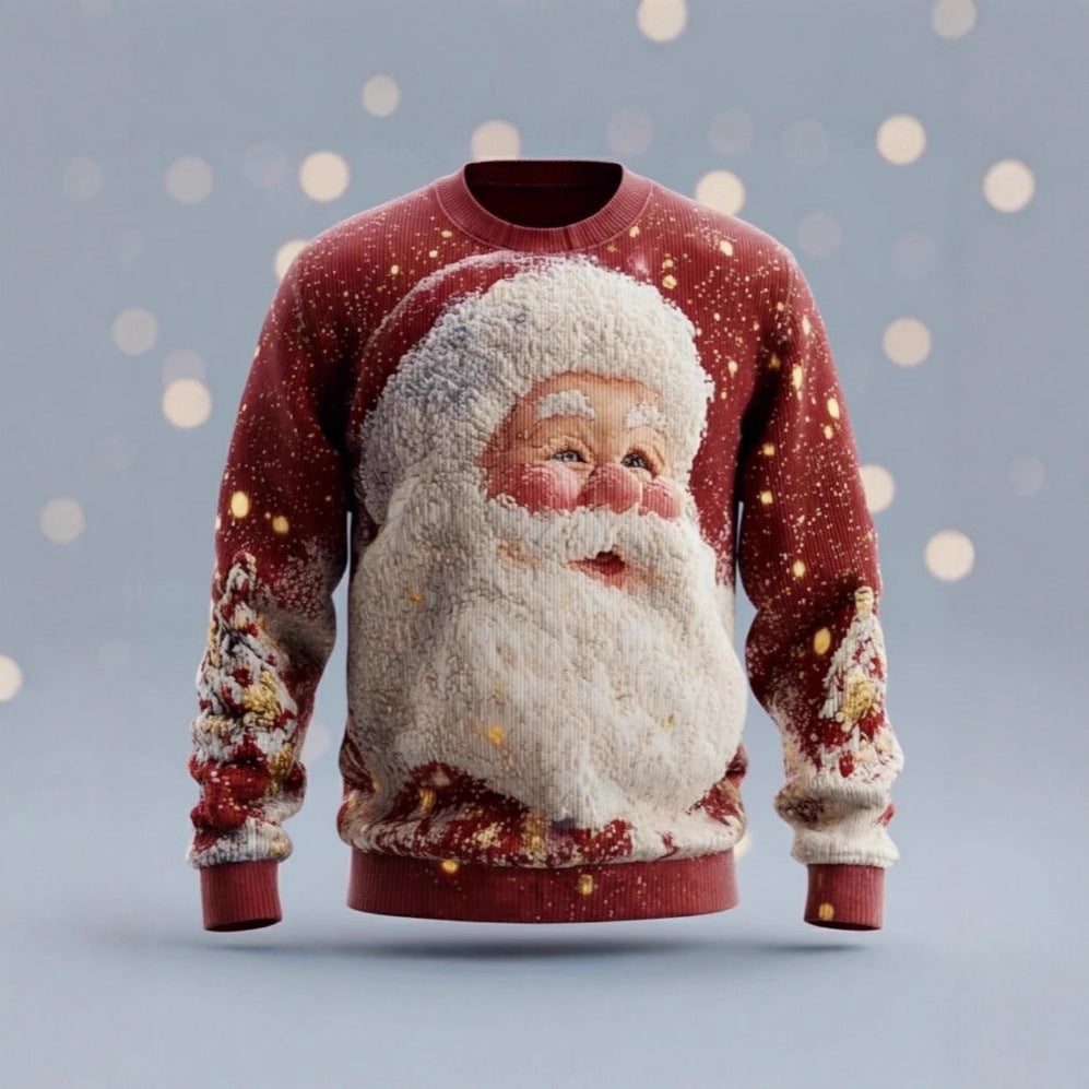 Cross-border chunky knit striped logo printed European and American style autumn and winter 3D printed pullover quirky Santa Claus sweatshirt