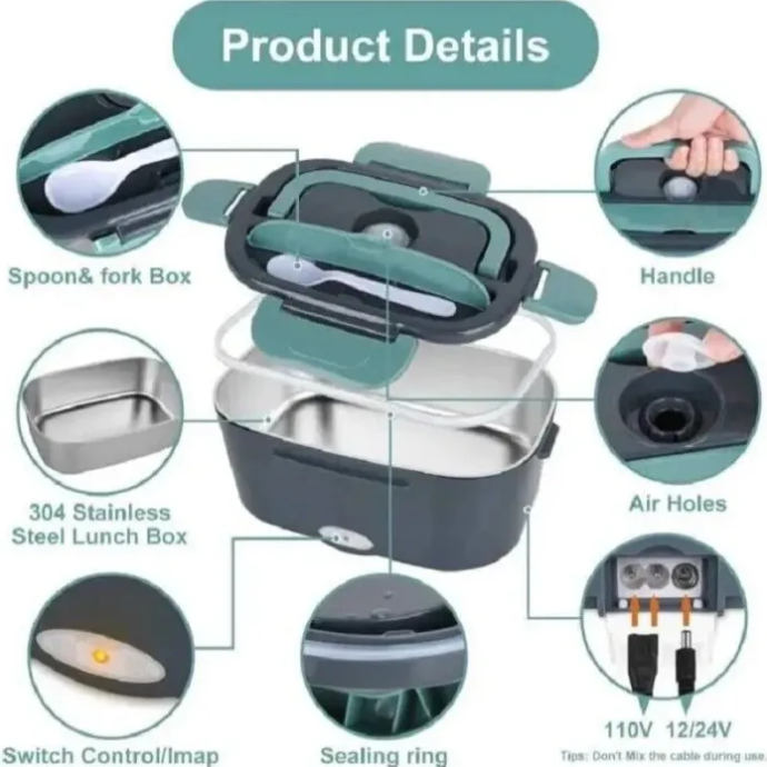 Lunch box with various features highlighted, including spoon and fork box, handle, air holes, switch control/map, sealing ring, and 304 stainless steel material.