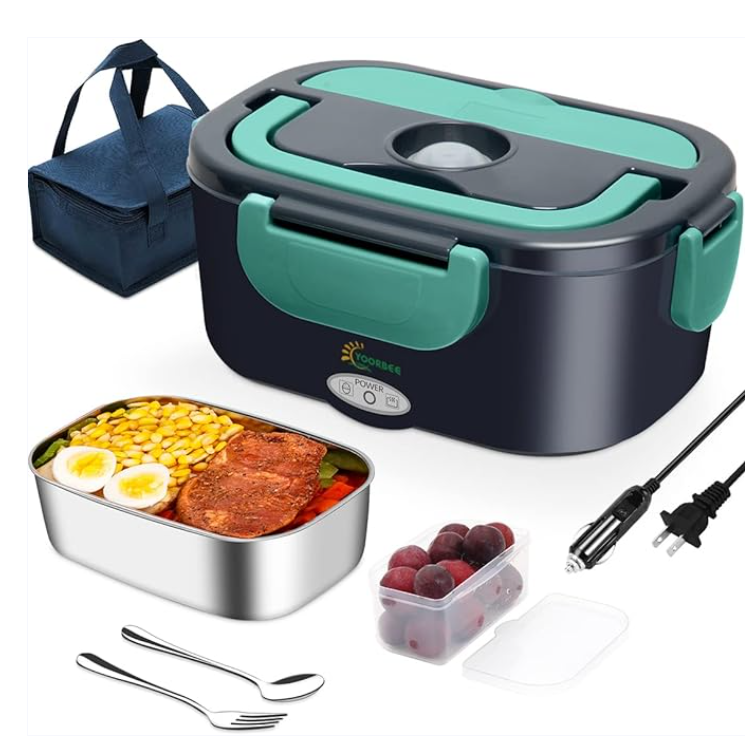 Electric lunch box with food compartments, power cord, and accessories on a white background