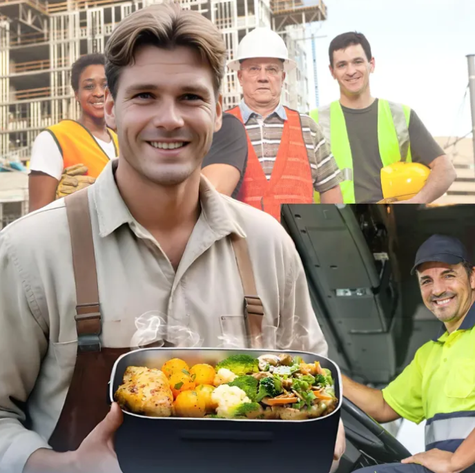 Man holding a lunch box with food, surrounded by images of construction workers in safety gear.